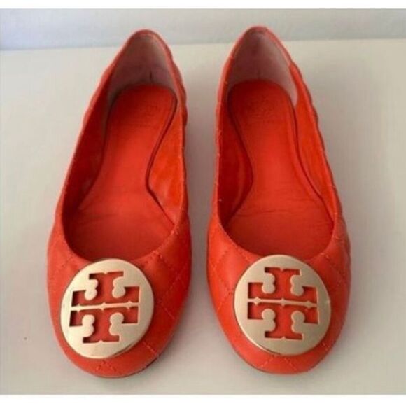 Tory Burch Size 6.5 Minnie Quilted Leather Ballet Flats Orange Gold Logo Travel - Picture 6 of 11